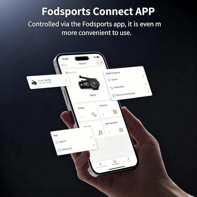 Fodsports FX8 PRO Motorcycle Bluetooth Intercom, 10-Rider Group Helmet Communication System, Music Sharing, Universal Wireless Interphone（APP/Waterproof/Stereo Music/GPS/2 Mics） (Single Pack)