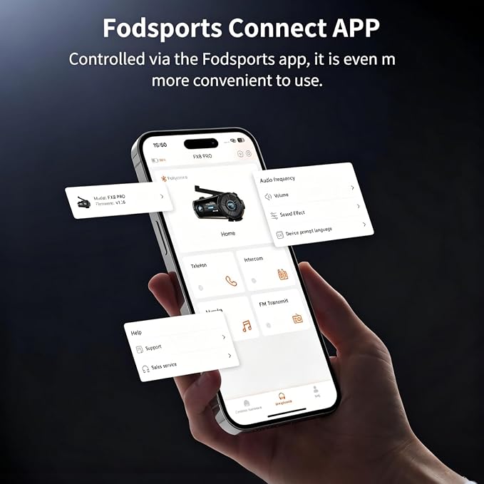 Fodsports FX8 PRO Motorcycle Bluetooth Intercom, 10-Rider Group Helmet Communication System, Music Sharing, Universal Wireless Interphone（APP/Waterproof/Stereo Music/GPS/2 Mics） (Single Pack)