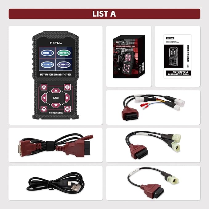 M3-A Motorcycle Diagnostic Tool for Honda Yamaha Kawasaki | Full System OBD2 Scanner Code Reader, Live Data, Actuation Test, Fault Code Reset & Battery Voltage Test