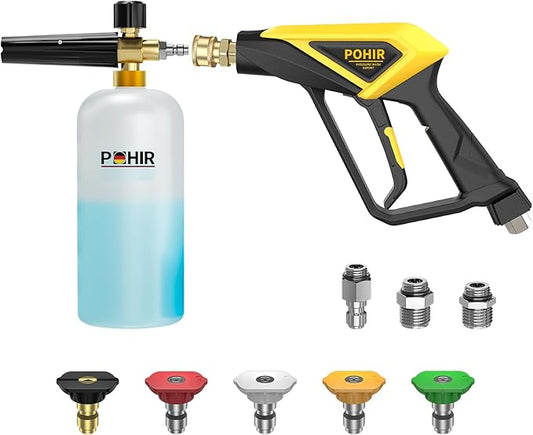 POHIR Short Pressure Washer Gun with Foam Cannon, 1/4 Inch Quick Connector, with 5 Pressure Washer Nozzle Tips 4500 PSI, 1 Liter