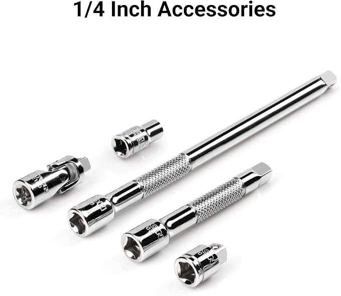 TEKTON 1/4 Inch Drive 6-Point Socket and Ratchet Set with Rails and Trays, 57-Piece (5/32-9/16 in., 4-15 mm) | SKT03301