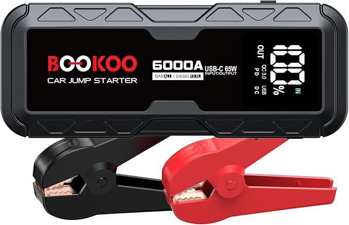 BOOKOO Jump Starter 6000A,12V Portable Car Battery Jump Starter (for All Gas and 12L Diesel Engines) 88.8Wh Jump Box with USB-C 65W 2-Way Fast Charging,160W DC,USB QC3.0,Jumper Cables -2026 Upgrade