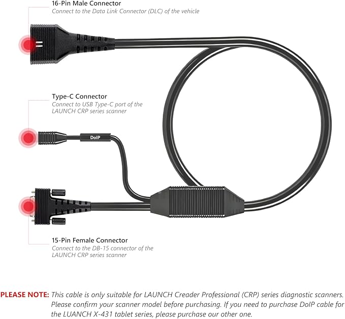 LAUNCH CRP DoIP Connector Adapter Cable with USB-C and 16-Pin Male to DB-15 Female Connector for Creader Professional CRP Series Diagnostic Scanner