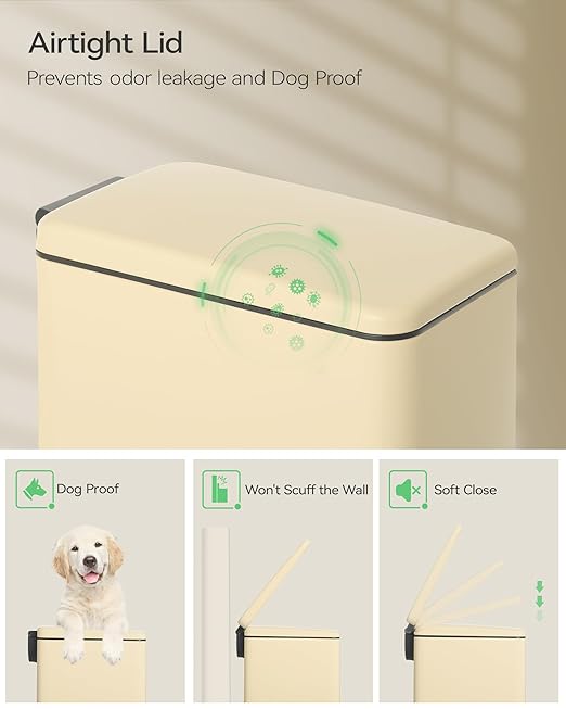 Nunsino Small Bathroom Trash Can with 15 Garbage Bags,2.6 Gallon Stainless Steel Garbage Can with Lid Soft Close,Small Trash Bin for Bathroom,Kitchen,Home Office,Almond Yellow