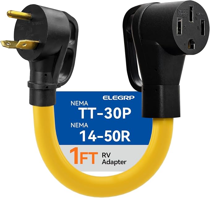ELEGRP 30 Amp to 50 Amp RV Adapter Cord 12", NEMA TT-30P Male to 14-50R Female, Heavy Duty Dogbone Electrical Converter for Campers, Travel Trailers, Motorhomes - STW 10/3 Gauge, UL Standard Compliant