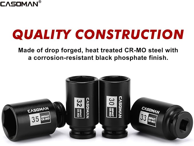 CASOMAN 1/2” Drive Deep Big Impact Socket Set, 21 - Piece Large Spindle Axle Nut Impact Wrench Socket Set, 6 Point, CR-MO, Metric & SAE, 27mm - 41mm, 1-1/16" - 1-5/8"