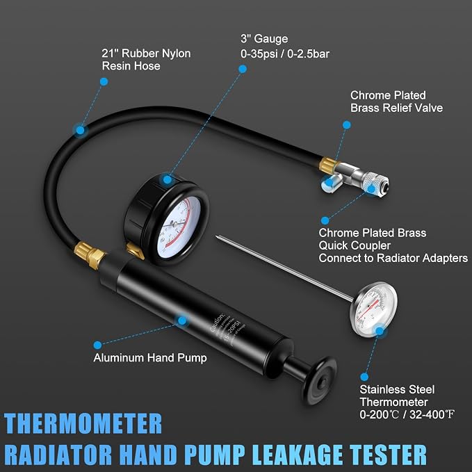 JIFETOR Radiator Coolant Pressure Tester Vacuum Refill Tool Kit, 28PCS Automotive Cooling System Leak Test and Pneumatic Purge Fill Set with Testing Adapter Caps Universal for Airlift Car Auto Truck