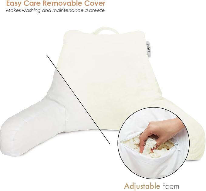 Nestl Reading Pillow with Shredded Memory Foam, Designed for Sitting Up in Bed and Couch, Back and Arms Adjustable Support for Adult & Teens Backrest Pillows for Reading, with Washable Cover Off White