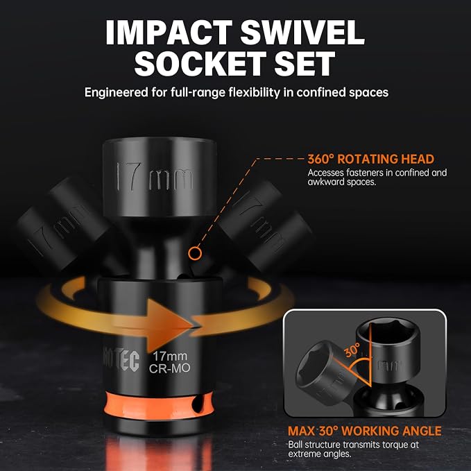 7-Piece 3/8" Drive Shallow Impact Universal Joint Swivel Socket Set, Metric(10-19mm), Flexible Wobble, CR-MO Steel, with Heavy-Duty Storage Case