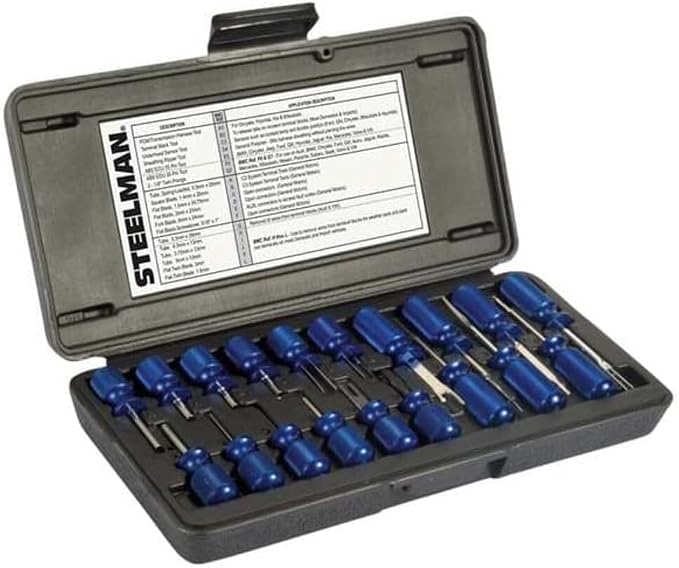 Steelman 19-Piece Master Terminal Tool Kit for Auto Techs, Removes Terminal Block Wires Without Damage, Includes: Tube, Flat, Fork Blade, Single Pin, Sheathing Ripper, & Others