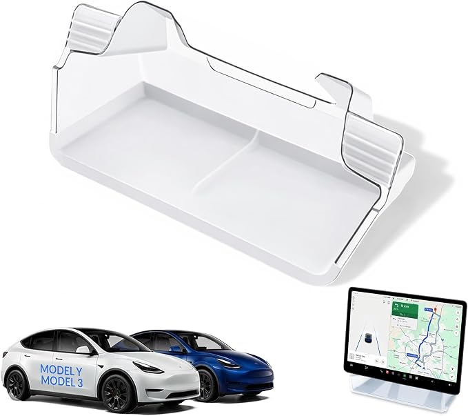 Tesla Model Y Under Screen Organizer (2021-2024) & Model 3 (2017-2023) – Hidden Center Console Storage Tray, Anti-Slip Silicone, ABS Interior Accessory - White