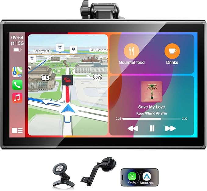 Topexplore 7" Wireless Apple CarPlay and Android Auto Screen with Magnetic Mount, Portrait/Landscape Switch, Portable Car Stereo with Bluetooth, Mirror Link, GPS, OTA Update