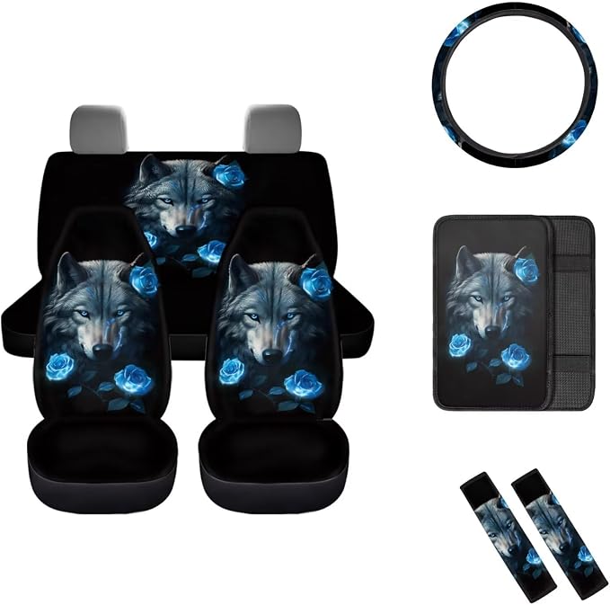 Mumeson Blue Rose Wolf Womens Car Front Seat and Rear Bench Covers Car Seat Covers with 15 Inches Steering Wheel Cover + Seat Belt Shoulder Pads + Car Soft Armrest Cushion Pad