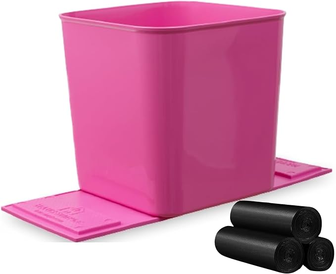 Pink Car Trash Can plus Trash bag bundle – Leakproof, w/Stability Flap, Anti-Slip Base, Portable + 3 Extra Trash Bag Roll (60pcs Total) – Black, Large – For Cars, SUV, & Trucks