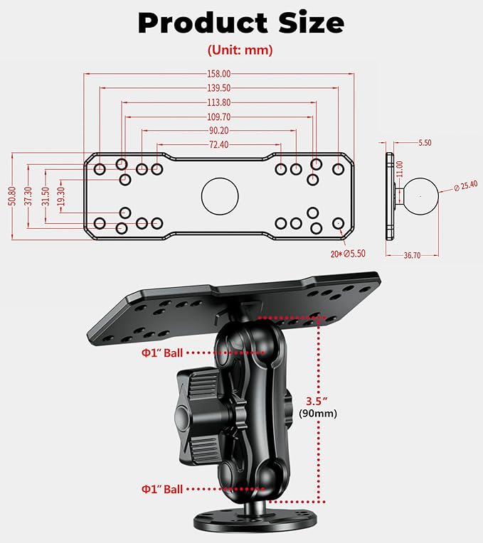 VAZESWIN Aluminum Alloy Fish Finder Mount with B Size 1" Ball Rectangular Plate & Round Base, 3.5" Medium Arm Marine Electronic Mount Compatible with Garmin, Lowrance, Humminbird, Raymarine and More