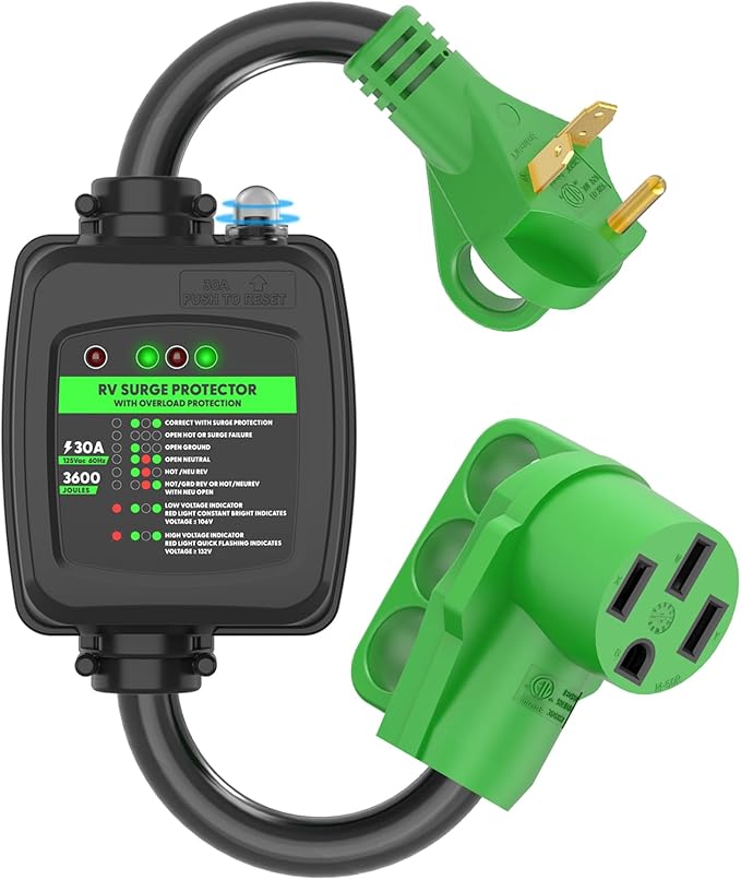 RVGUARD Surge Protector 30 Amp to 50 Amp RV Adapter Cord with Overload Protection, NEMA TT-30P to NEMA 14-50R Electrical Power Adapter, 2 Feet, Green, ETL Listed