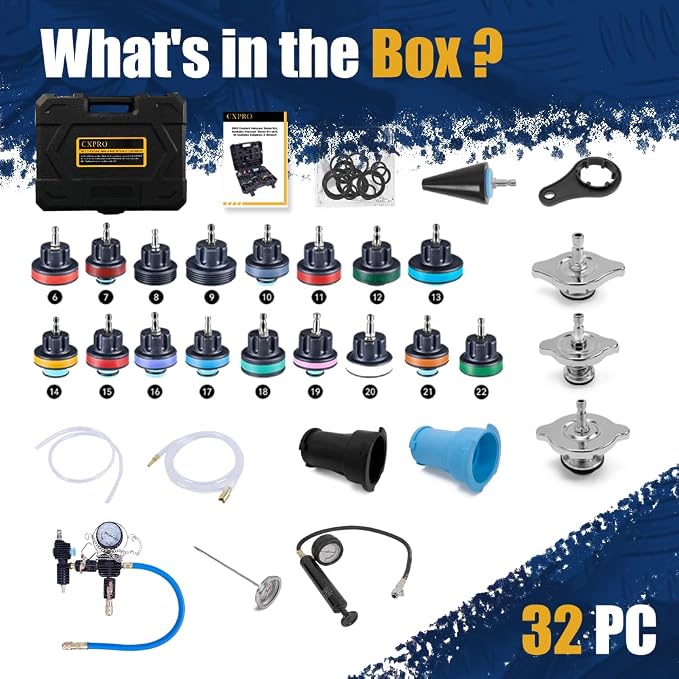 32pcs Universal Radiator Pressure Tester Kit, Tester Pneumatic Vacuum Cooling System Purge Refill Leak/Refiller Set, Universal Automotive Domestic/Import Vehicles, Motorcycle