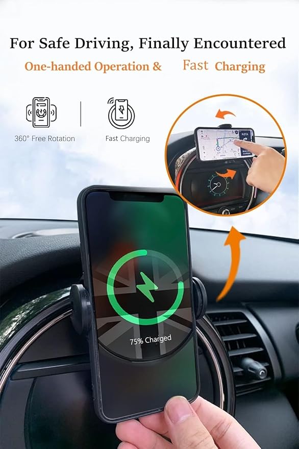 Persevere Car Phone Holder for Mini Cooper F54, F55, F56, F57, F60 with Auto-Open/Close Charging, 360° Rotatable Portable Only for Circular Display Screen for 4-6.9'' Smartphones