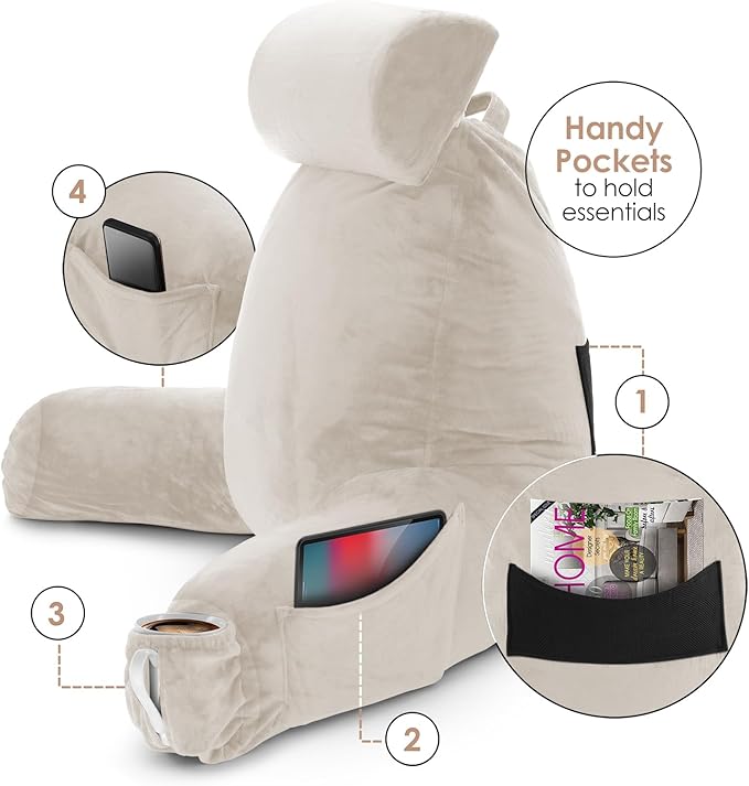 Nestl Reading Pillow with Shredded Memory Foam Includes 2 Neck and Lumber Support Pillows, Designed for Sitting Up in Bed and Couch, Back and Arms Adjustable Support for Adult & Teens, Linen