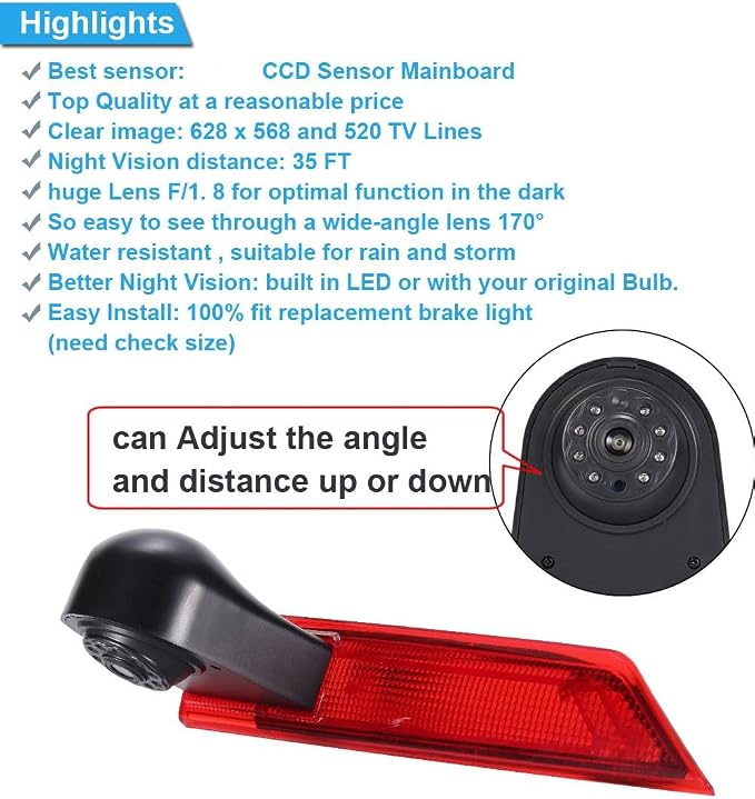 Car Third Roof Top Mount Brake Light 3 Rear View Camera Parking Safety Assistant System, HD Night Vision Waterproof for Ford Transit Custom 2012-2016 (with 7-inch Monitor)
