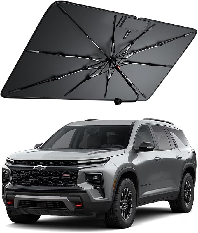 Windshield Sun Shade for Chevrolet Traverse/Suburban 2000–2026, Foldable Umbrella Sunshade with 100% UV Block, Multi-Layer Heat Insulation, Reinforced 10-Rib Frame, Keeps Car Cooler