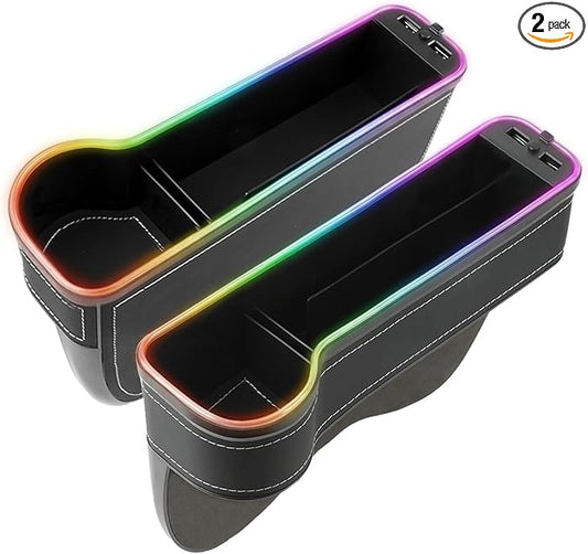 2 Pack Car Seat Gap Plug Storage Slot with USB Charger Upgrade LED Car Seat Gap Filler Organizer Box with Cup Holder Card Slot Larger Storage Space Reducing Item Loss