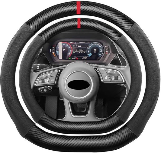 D Shape Suede Carbon Fiber Steering Wheel Cover, Compatible with Audi A1 A3 A4 A5 A7 A8 Q2 Q3 Q5 Q7 TT 15 inch Flat Bottom Soft SuedeLeather Sport Non-Slip Automotive Interior Accessories