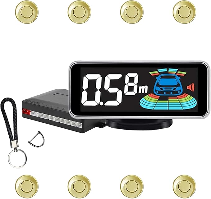 Backup Parktronic System Car Auto Vehicle Reverse with 8 Parking Sensors kit, LCD Display, Distance Detection (Meter/Foot Switchable), Buzzer Alarm and Voice Prompt Function（Gold