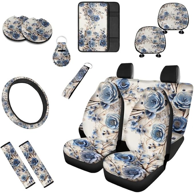 Retro Rose Floral Print 13 Piece Car Seat Cover Set for Women Full Set Paper Sculpture Rose Flower Painting Car Seat Protectors Coaster Pads Decor Accessory