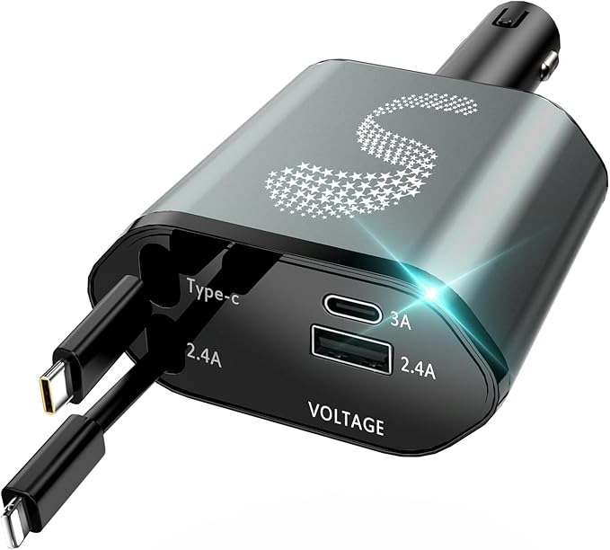 Retractable Car Charger USB C Fast Charging 60W, Car Accessories Cigarette Lighter Adapter with Starlight, Car Charger iPhone16 15 14 13 12 11 Essentials Gift for Travelers, Men, Women