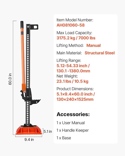VEVOR Farm Jack with Base, 60" Utility High Lift Farm Jack, 3.18 Ton (7,000 lbs) Capacity Ratcheting Off Road Utility Jacks, Heavy-Duty Lift Jacks with 5.12"-54.33" Lifting Range for Tractor,Truck,SUV
