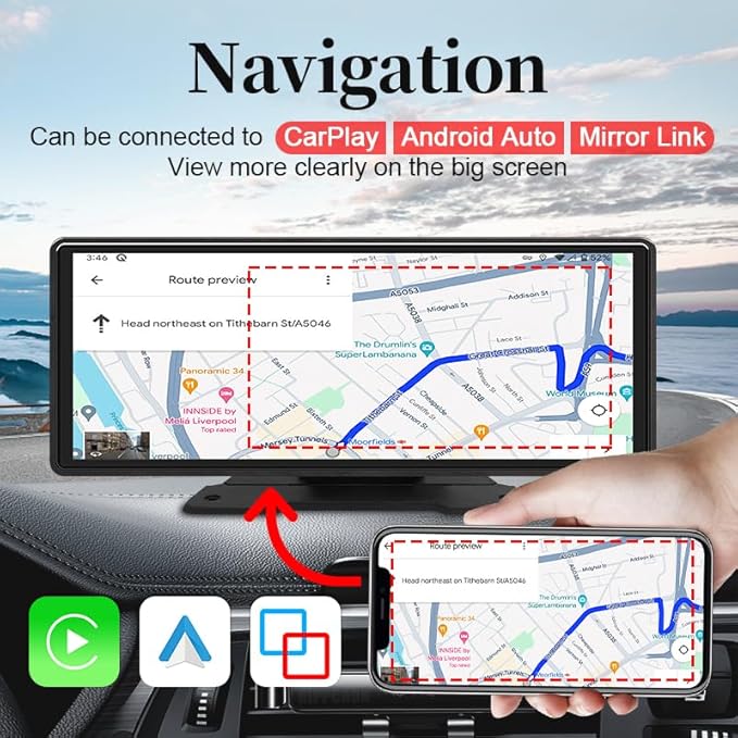 Carplay Screen For Car,10.26“ Portable CarPlay&Android auto With Reversing camera,Voice Control/Bluetooth/Mirrorlink/AUX