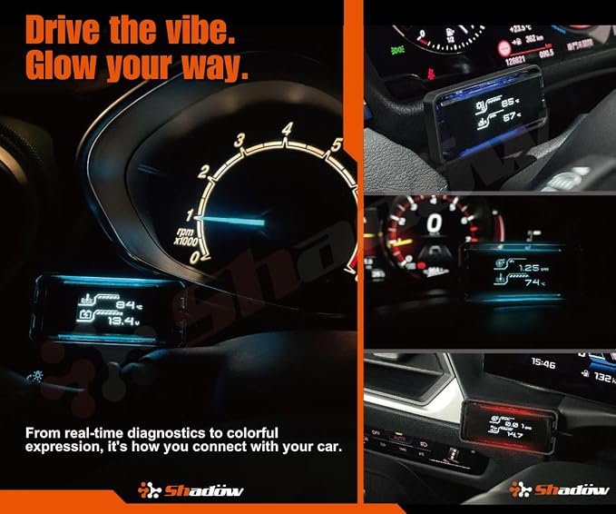 Shadow OBD2 Display D-Meter 2 Plus - Minimalist & Futuristic Multi-Functional Gauge with RGB Accent Light, Sleek Black Frame, DTC Scan & Clear, High-Tech Design for 12V/48V Cars