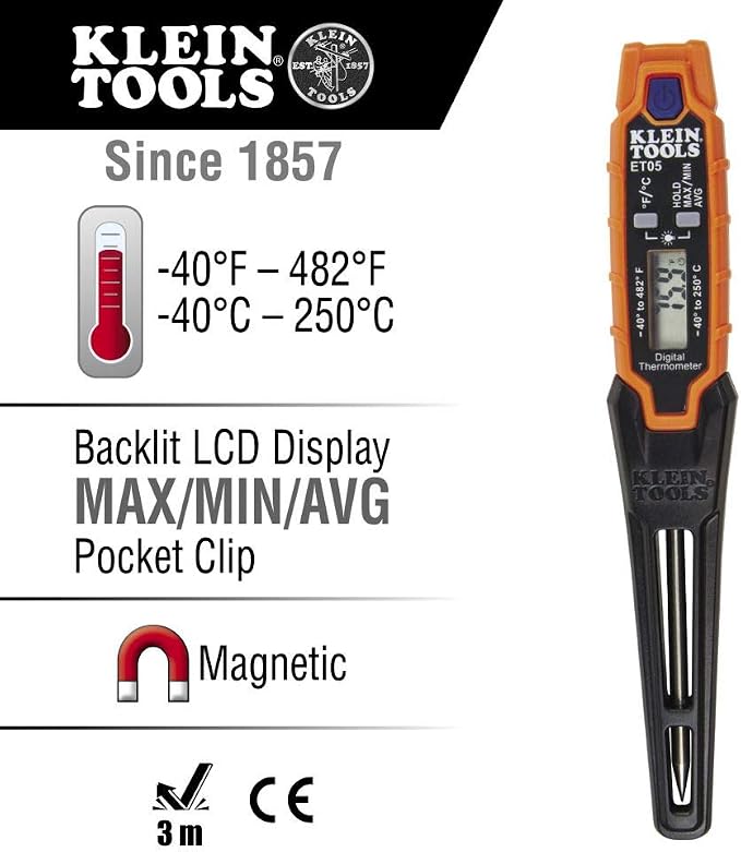 Klein Tools IR1 Infrared Thermometer, Digital Laser Gun is Non-Contact Thermometer with a Temperature Range -4 to 752-Degree Fahrenheit & ET05 Digital Pocket Thermometer