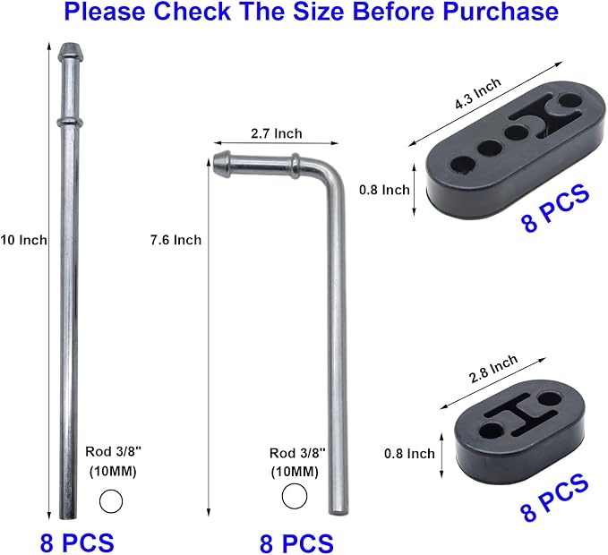 32PCS Heavy Duty Exhaust Hanger Rod Set 3/8"(10MM) Rod 90°7.6" Long & Straight 10" Long Exhaust Muffler Hanger Mild Steel Zinc Coated 2 Hole 4 Hole Insulator Mount Car Automotive Replacement