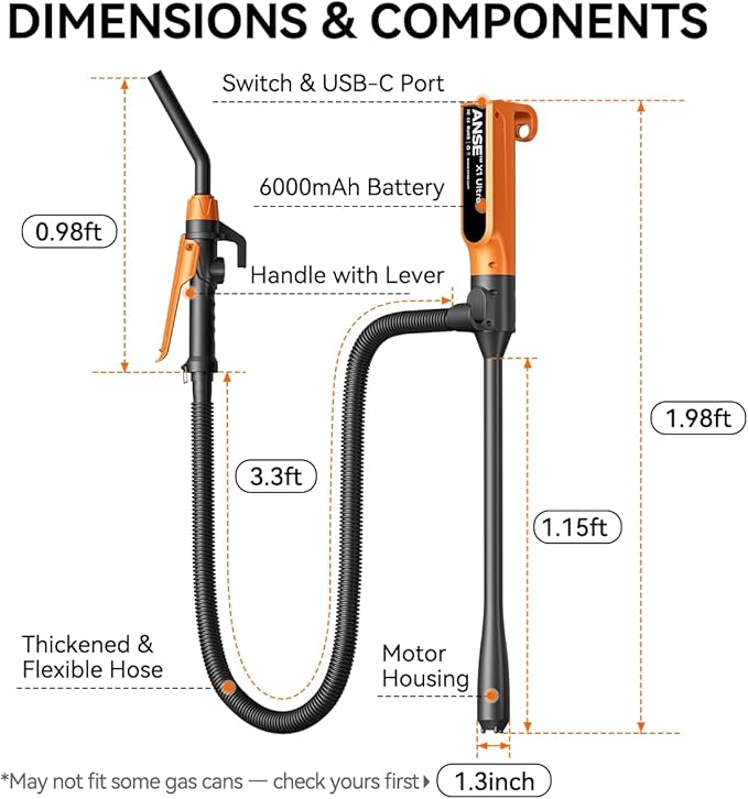 ANSE Rechargeable Fuel Transfer Pump Battery Powered (Model X1 Ultra) | Built-in 6000mAh Battery, USB-C Charge, Patented Waterproof Motor, 90 to 120min Runtime, 2.7GPM