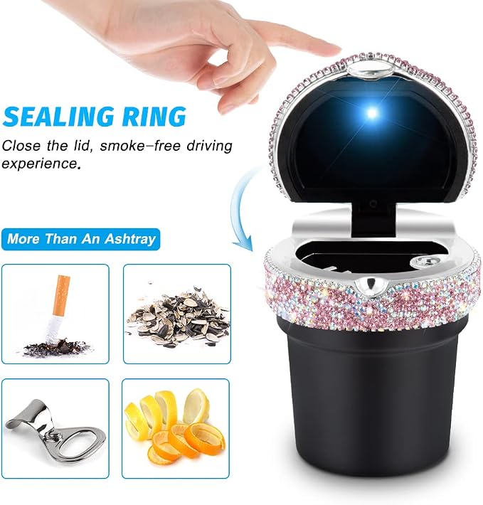 eing Car Ashtray Portable Bling Cigarette Smokeless Cylinder Cup Holder with Blue LED Light Indicator and 2 Replacement Batteries,Car Accessories for Women,Ideal for Car,Home and Office,1-Pack Pink
