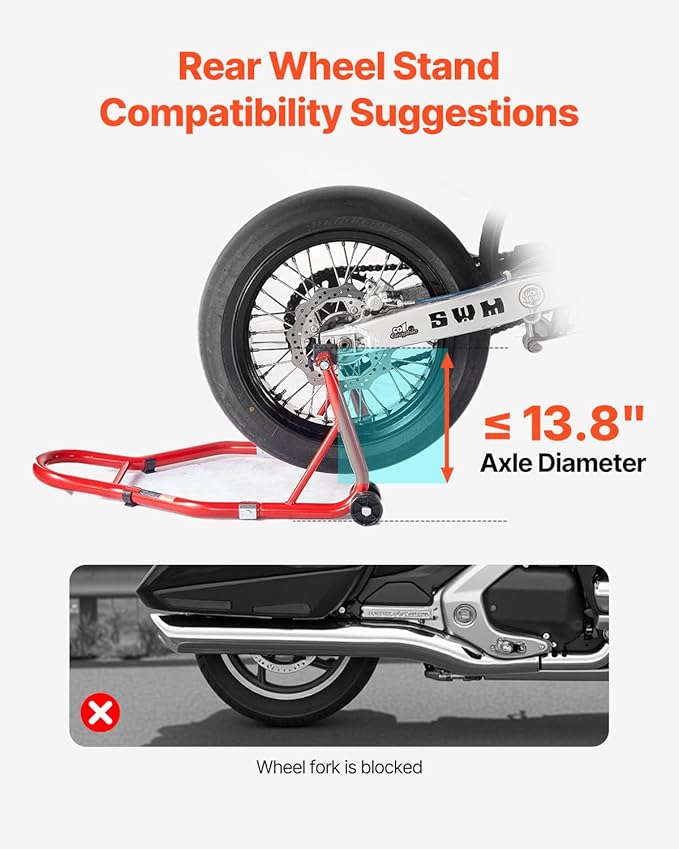 VEVOR Motorcycle Rear Wheel Stand, 850 LBS Load Capacity Heavy Duty Rear Wheel Stand with U + L Fork Swingarm Spool, Adjustabe Motorcycle Lift Jack Stand, for Suzuki Yamaha Honda Kawasaki, Red