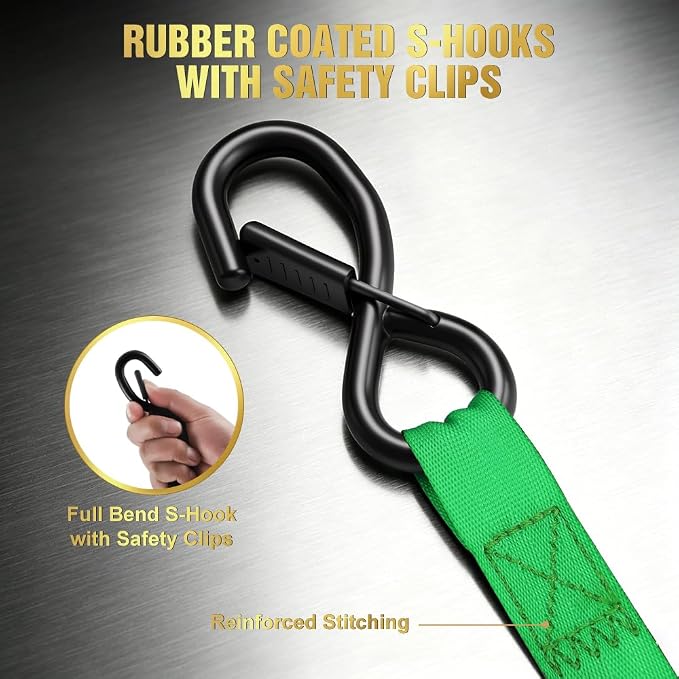 Retractable Ratchet Straps (4-Pack) - 1 Inch x 15 Feet (1,764lb Break Strength) - Auto Self Retracting Tie Down Straps Heavy Duty for Motorcycle, ATV, UTV, Truck, Cargo Trailer – Green