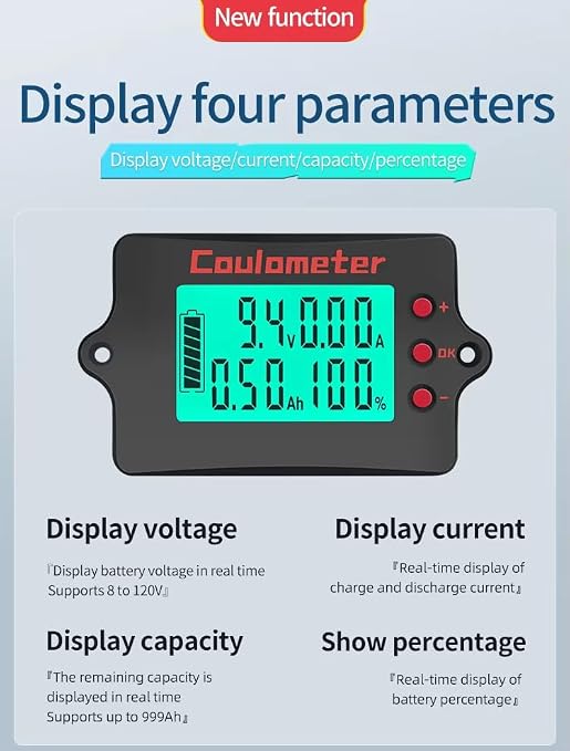 Battery Capacity Tester | Coulomb Counter | DC 8-120V 0-100A | Voltmeter/Ammeter | for Touring Car/Electric Car (100A+3M USB)