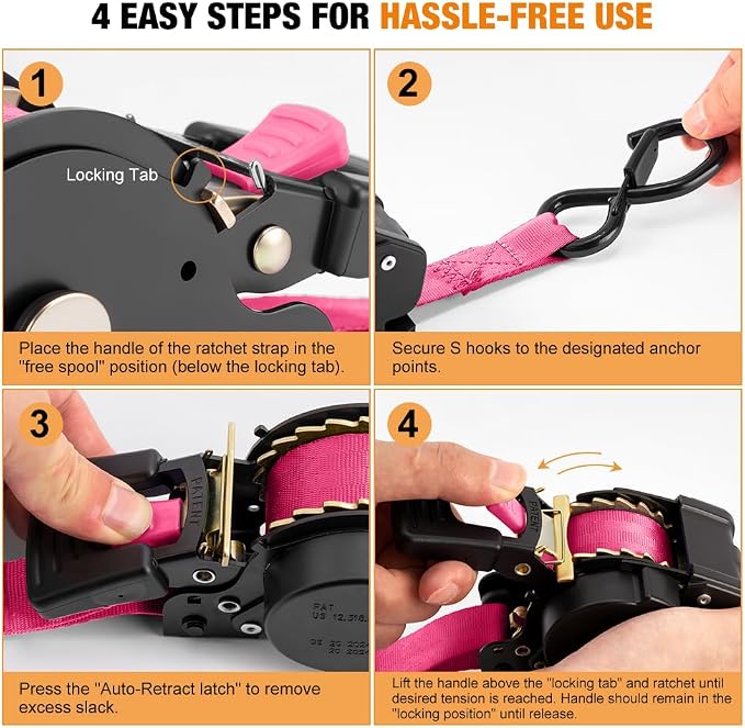 Retractable Ratchet Straps (4-Pack) - 1 Inch x 10 Feet (1,764lb Break Strength) - Heavy Duty Auto Self Retracting Tie Down Straps for Truck, Cargo Trailer, Motorcycle, ATV, UTV – Pink