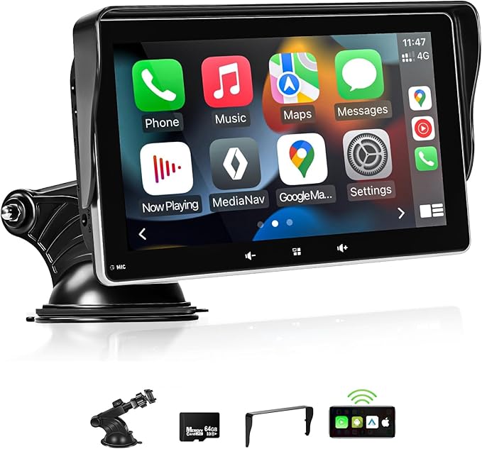 Apple Carplay Screen for Car, 7" Wireless Carplay & Android Auto Car Stereo, Portable Touchscreen with Mirror Link/GPS Navigation/AUX/Voice Control/Bluetooth for All Vehicles