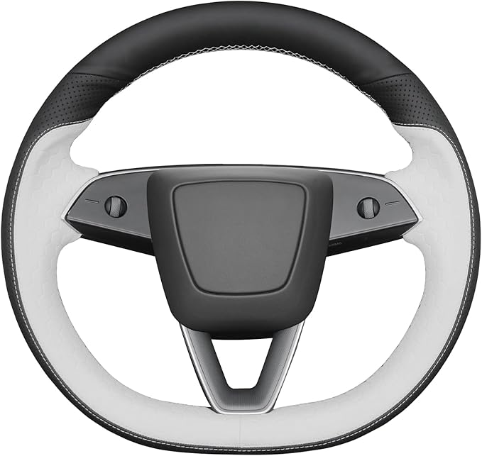 MEWANT Stitching Black White Embossed Faux Leather Steering Wheel Cover for Tesla Model 3 Highland 2025 Model Y Juniper