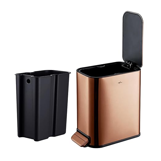 RED FACTOR Slim Small 1.3 Gallon Stainless Steel Pedal Trash Can with Soft Close Lid for Narrow Spaces – Wastebasket Bin with Removable Inner Bucket for Bathroom, Kitchen, Bedroom, or Office (Copper)