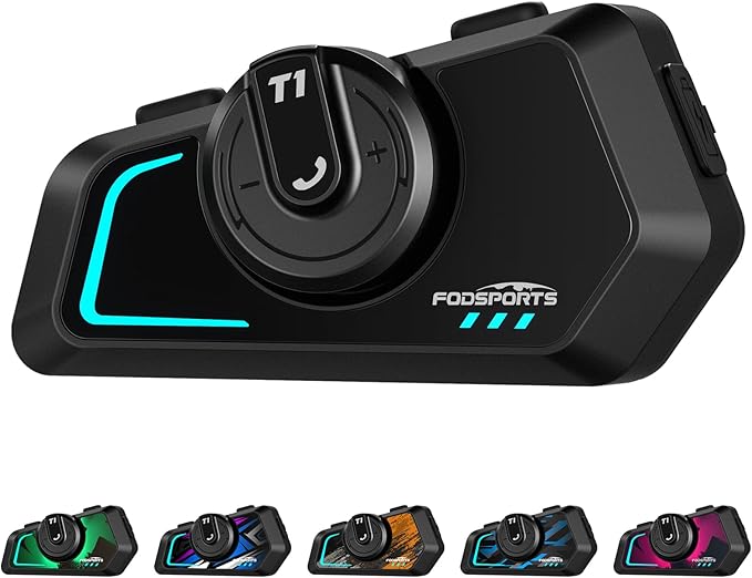 Fodsports T1 Motorcycle Bluetooth Intercom V5.4 with Music Share, One-Click Switching for 3 Functional Modes, 2-Way Helmet Communication Systems, FM/5 Stickers/Noise Cancellation/Stereo Music, 1 Pack