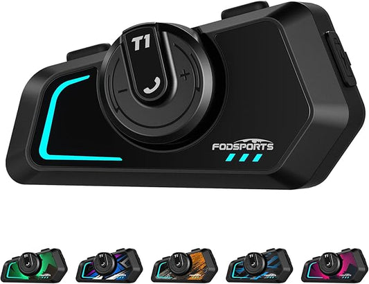 Fodsports T1 Motorcycle Bluetooth Intercom V5.4 with Music Share, One-Click Switching for 3 Functional Modes, 2-Way Helmet Communication Systems, FM/5 Stickers/Noise Cancellation/Stereo Music, 1 Pack