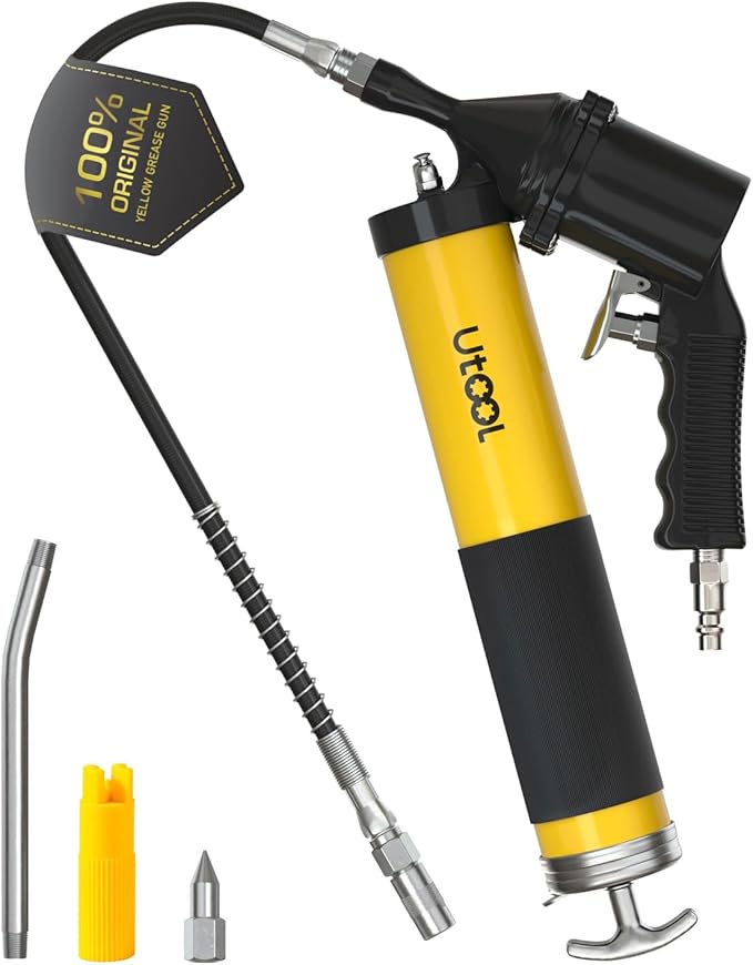 UTOOL Pneumatic Grease Gun | 6000 PSI Air Operated Grease Gun Kit, 14 oz Capacity, 18 Inch Resin Flex Hose, 1 Extension Bend Pipe, 1 Sharp Type Nozzle, 1 Basic Coupler, 1 Zerk Cleaner