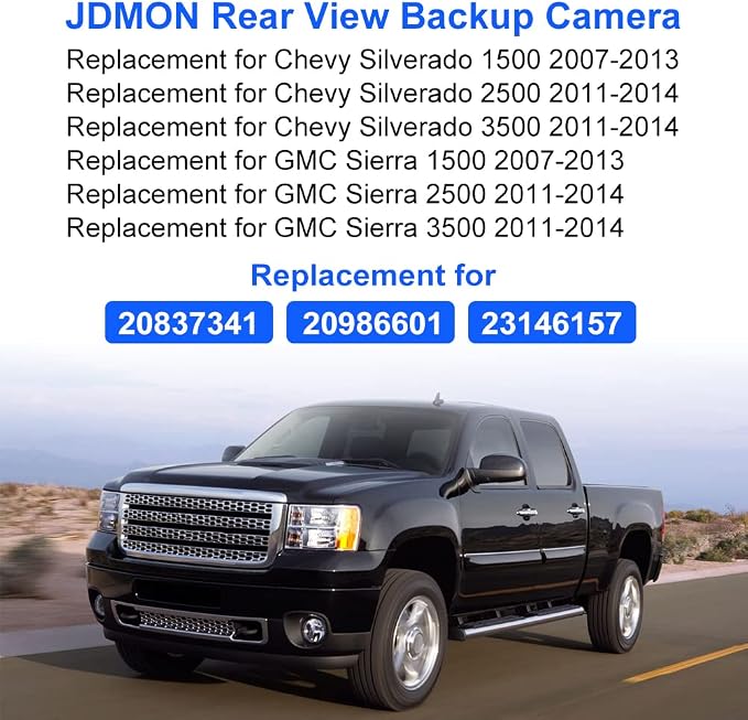 JDMON Backup Camera Replacement for 2007-2013 Chevy Silverado 1500/GMC Sierra 1500, 2011-2014 Silverado 2500 3500/Sierra 2500 3500 Reverse Park Assist Camera Replacement for 20837341 20986601 23146157