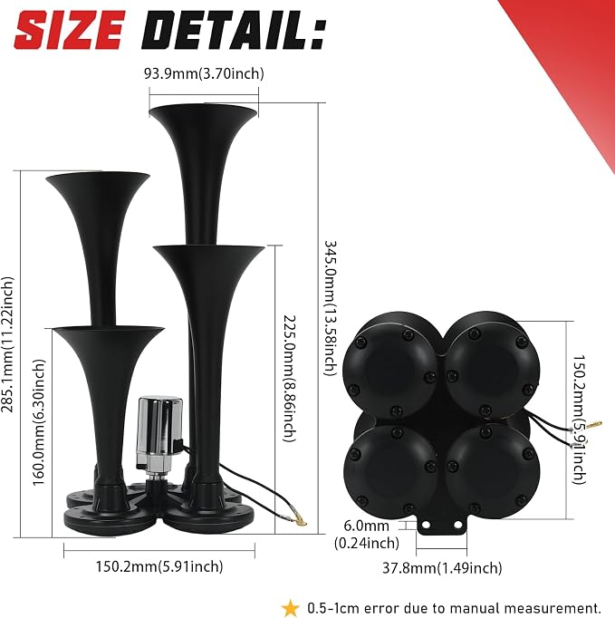 PTNHZ Double Row 4 Trumpet Air Horns Kit w/Electric Solenoid & Mounting Hardware 12V/24V Super Loud 178dB Universal for Pickup Car Jeep SUV Train Boat(Black)