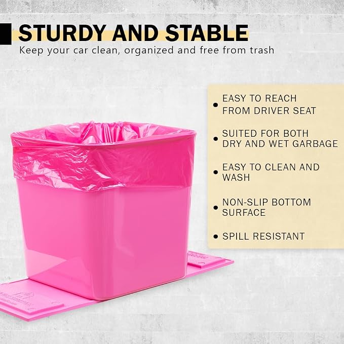 Pink Car Trash Can Plus Trash Bag Bundle – Leakproof, w/Stability Flap, Anti-Slip Base, Portable – Includes 1 Roll Inside + 3 Extra Roll (80pcs) – Black, Large – for Cars, SUV, & Trucks